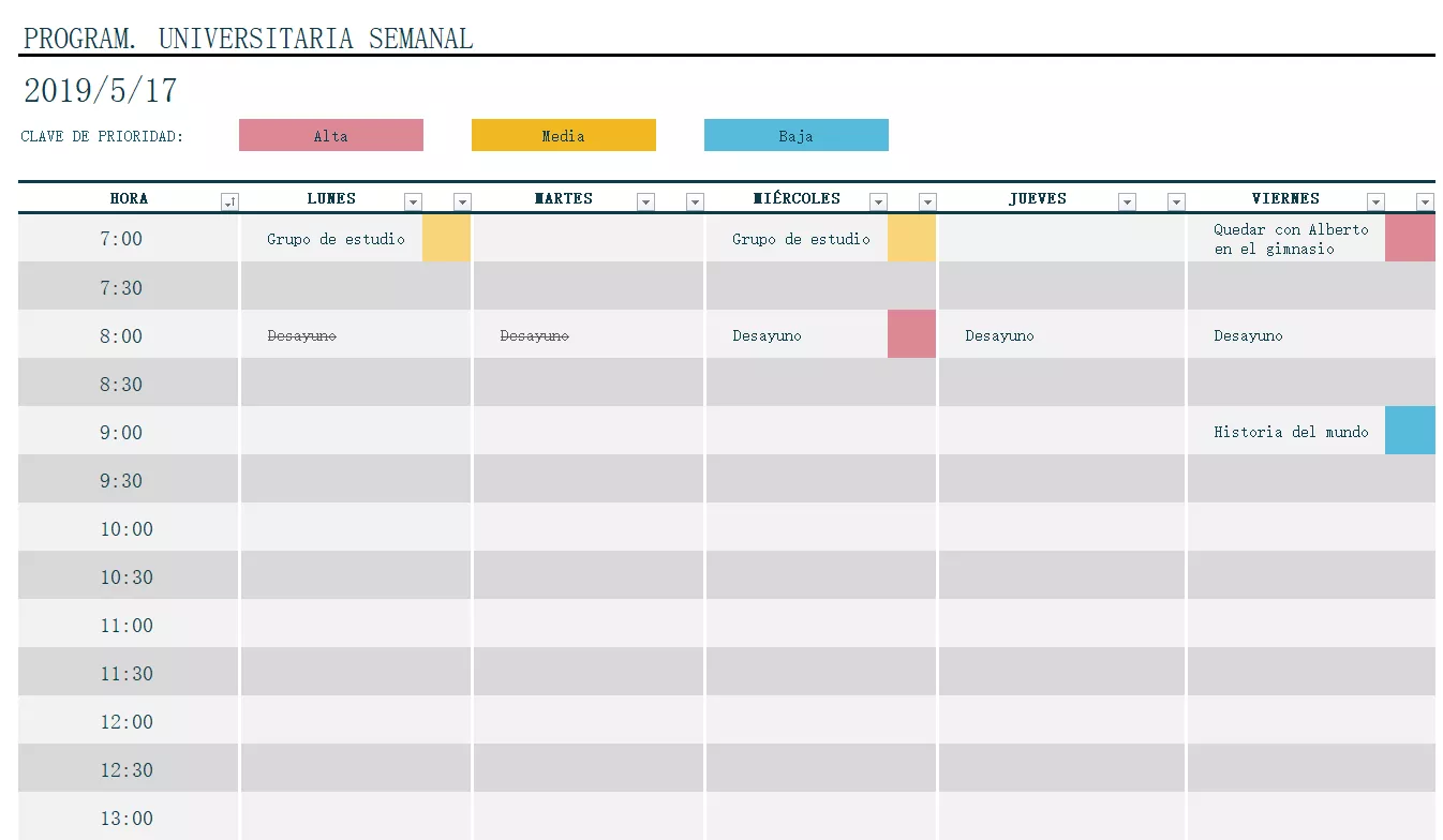 Plantilla de horario semanal universitario