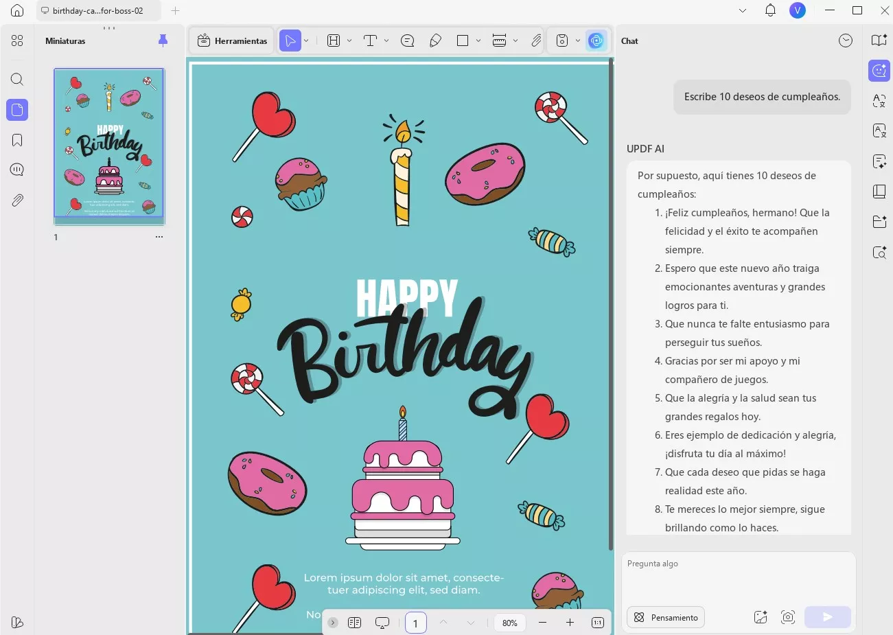 crear felicitaciones de cumpleaños con updf IA