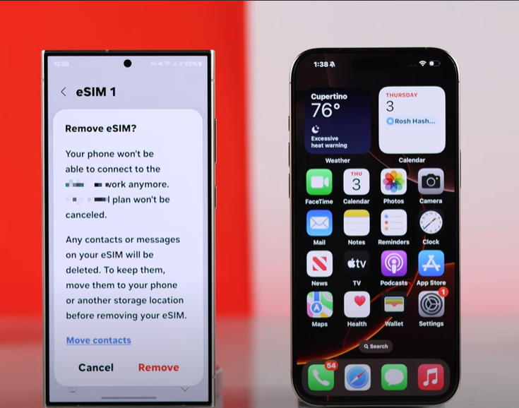 Android phone screen showing eSIM settings with option to remove esim before transferring to iPhone