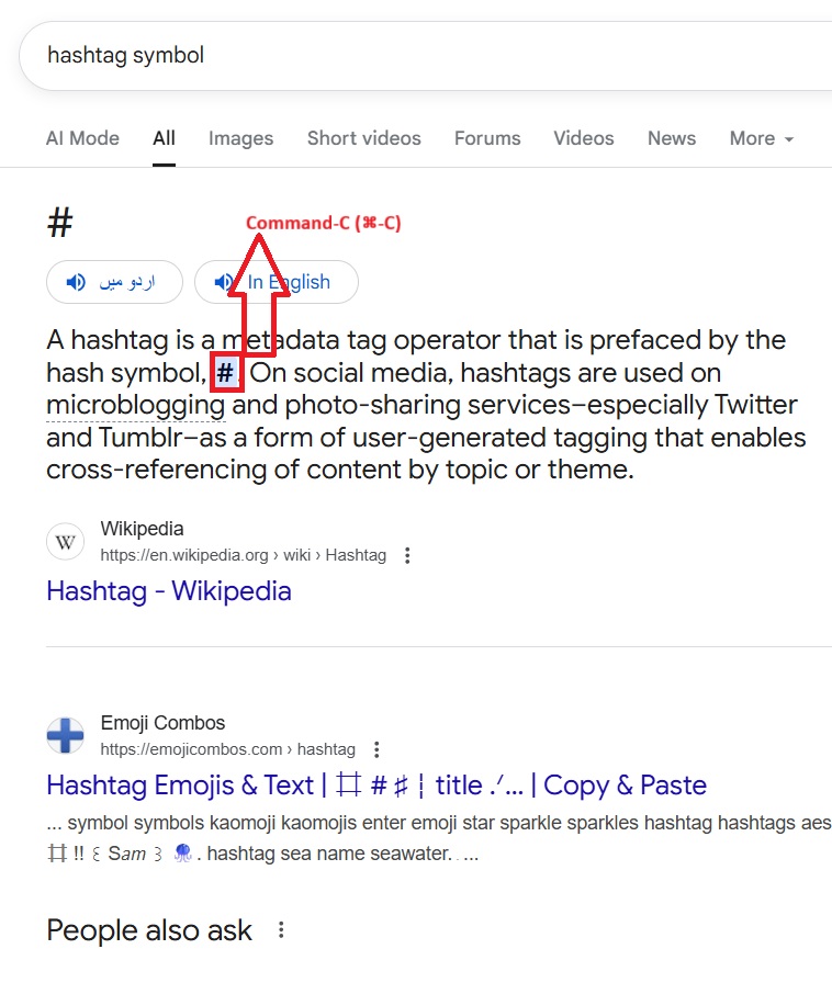 using an internet browser to copy a hashtag