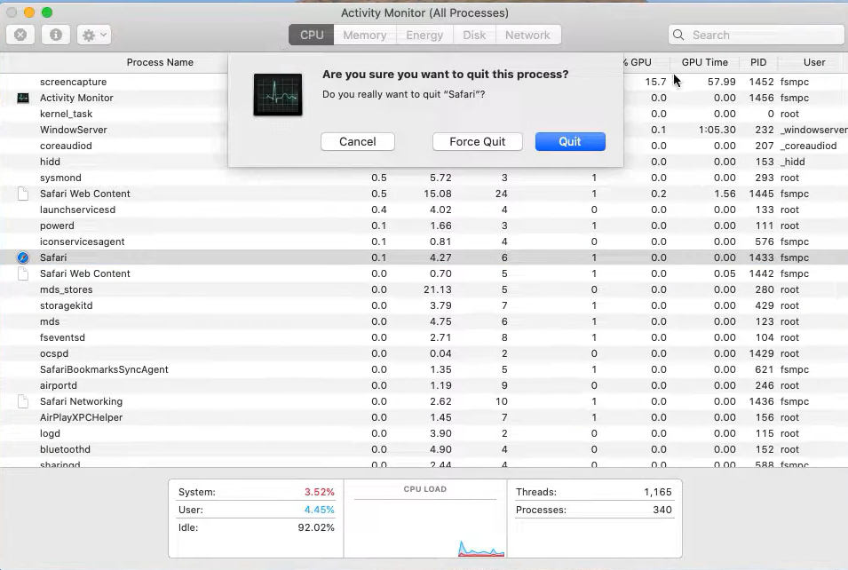 Closing an app via Activity Monitor on Mac