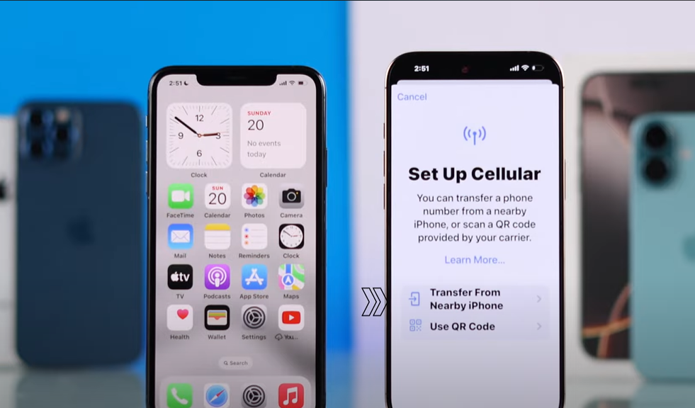 New iPhone screen displaying the option to Transfer eSIM from Nearby iPhone during setup