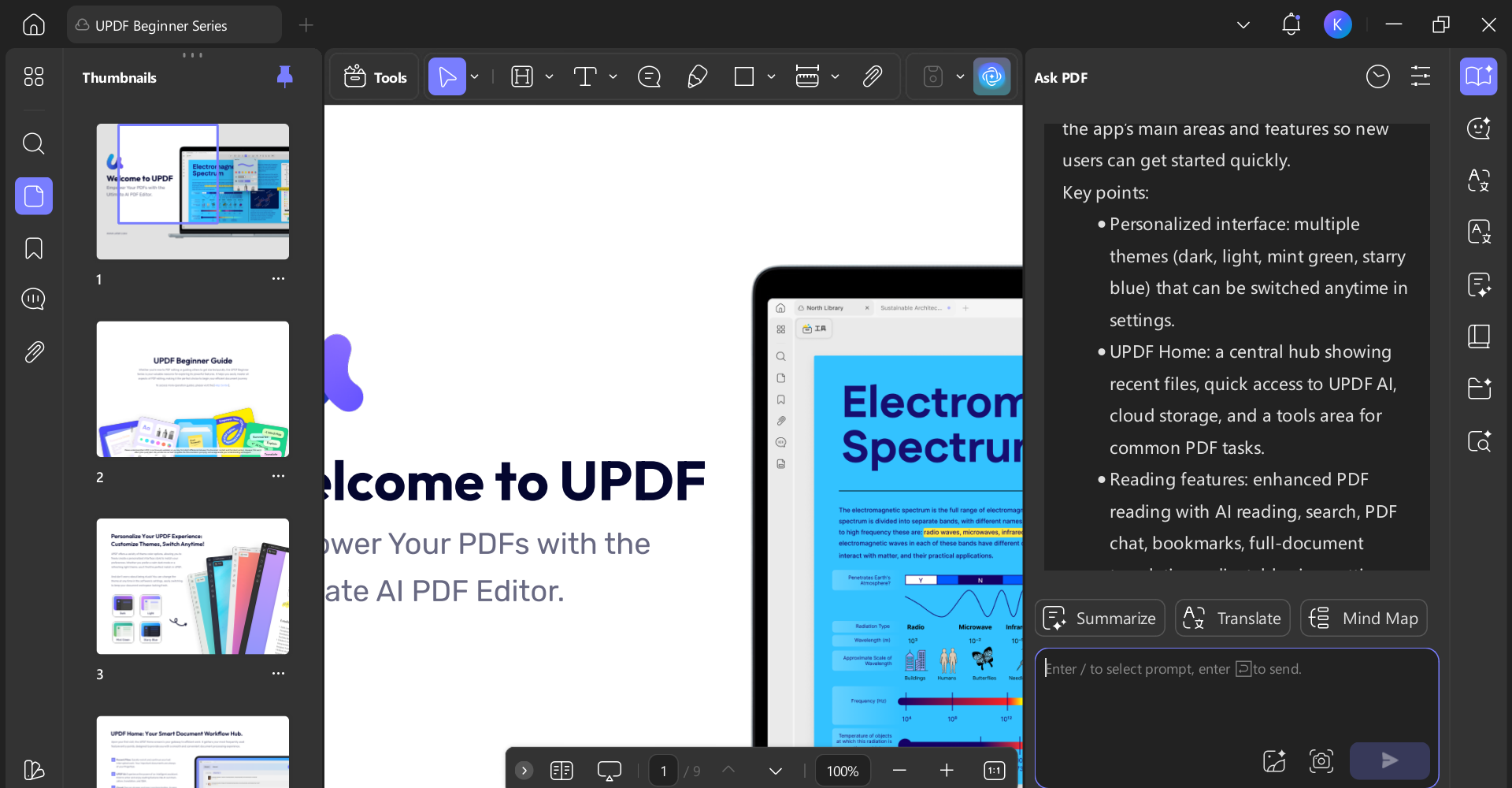 UPDF AI assistant summarizing and translating text within a PDF document