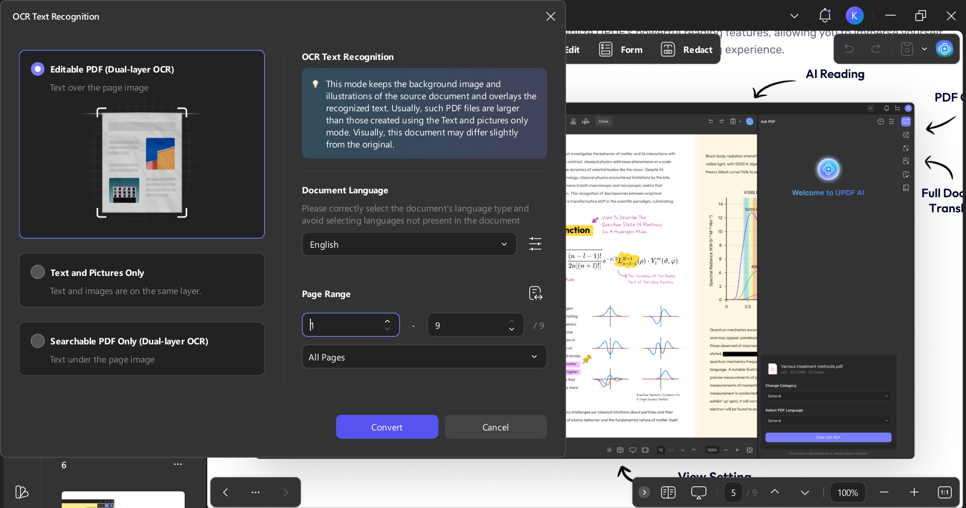 UPDF OCR feature converting scanned PDF into searchable and editable text in multiple languages