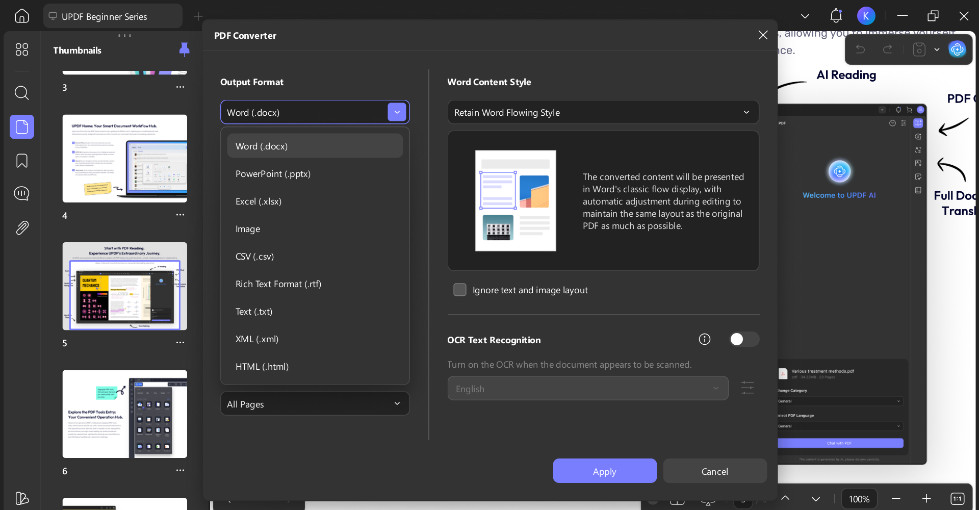 UPDF conversion feature showing options to convert PDF to Word, Excel, PowerPoint, or image files