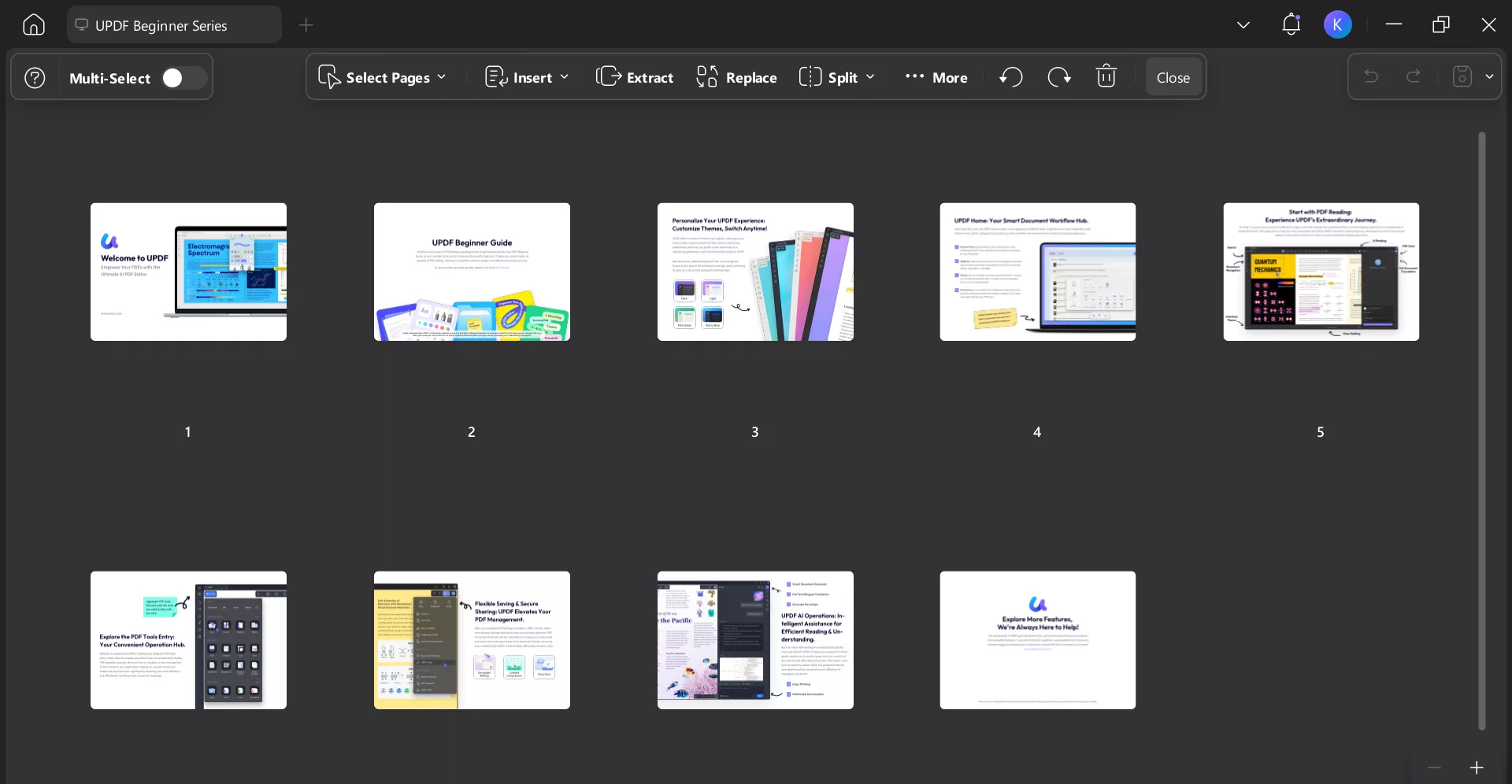 UPDF page management tools with options to merge, split, reorder, insert, delete, or extract PDF pages