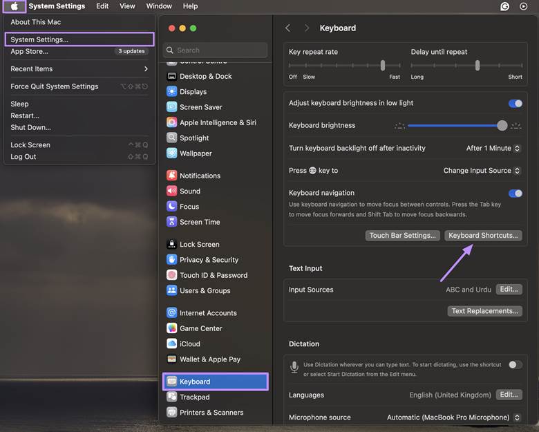  access keyboard shortcut settings