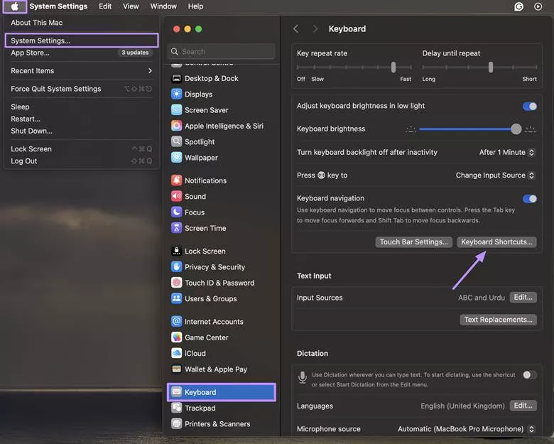 access keyboard shortcut settings