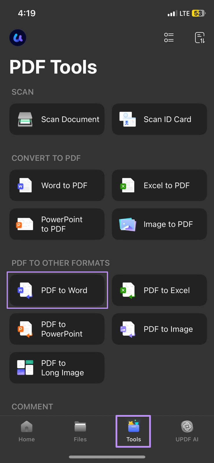 Image Alt: open pdf to word feature updf ios