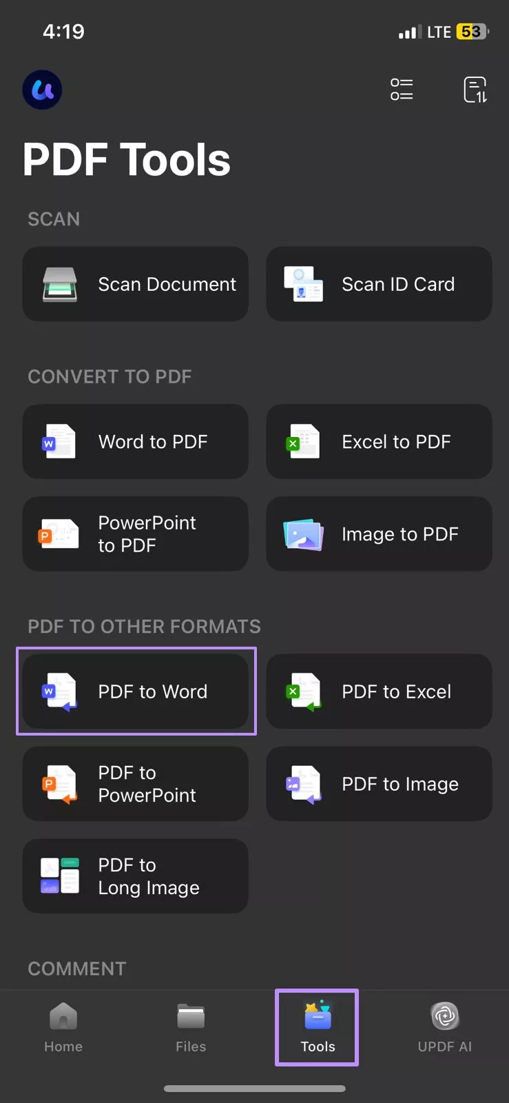 Image Alt: open pdf to word feature updf ios