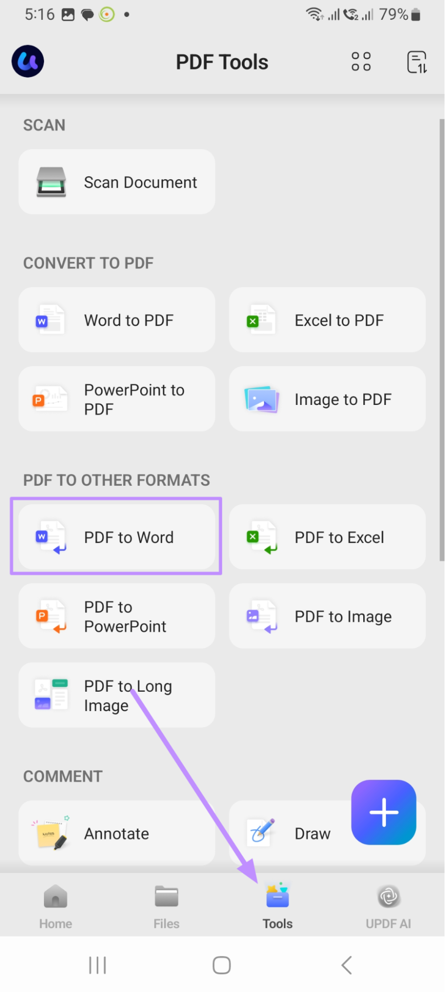  access the pdf to word feature on android