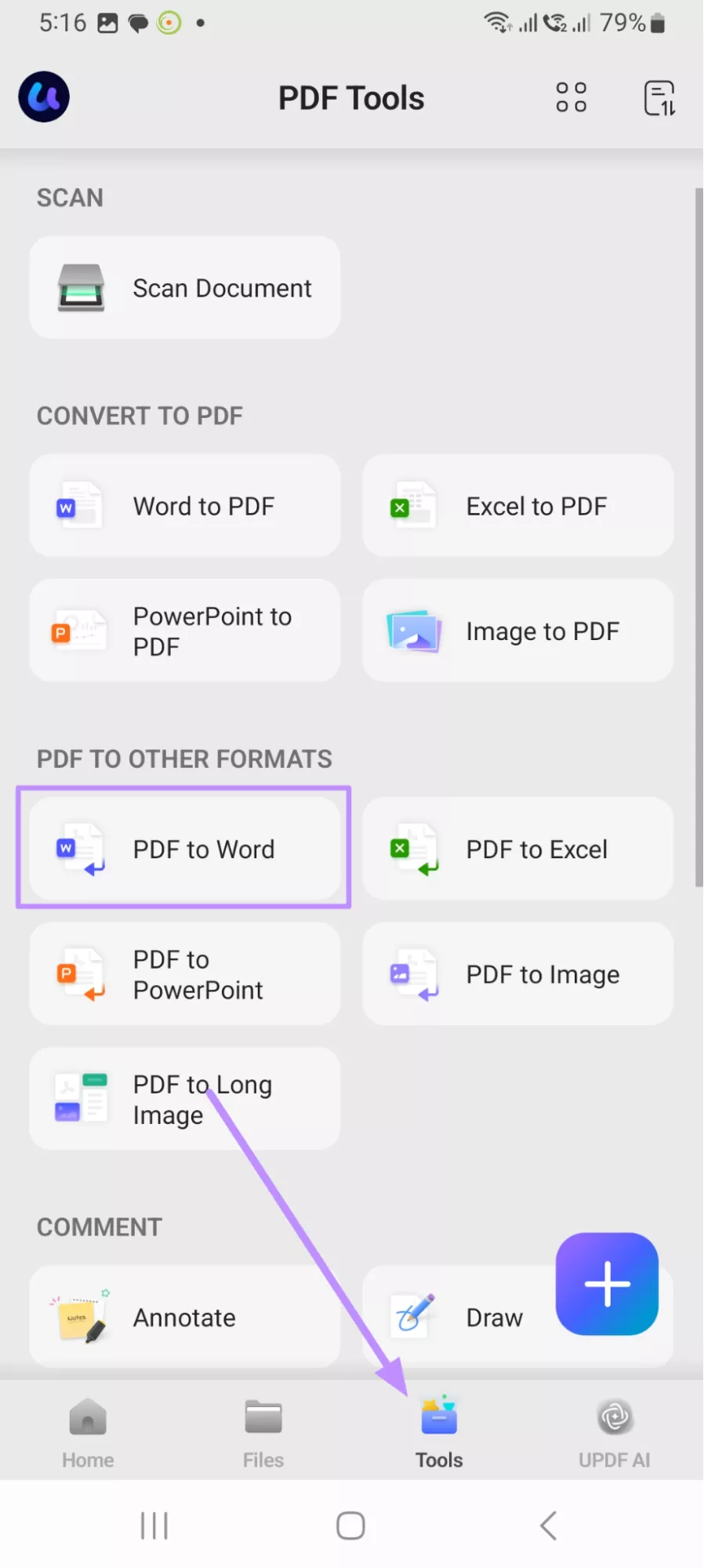 access the pdf to word feature on android