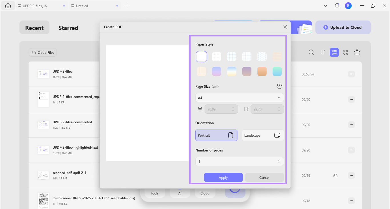Alt-text: adjust and apply page settings to create a blank pdf updf windows