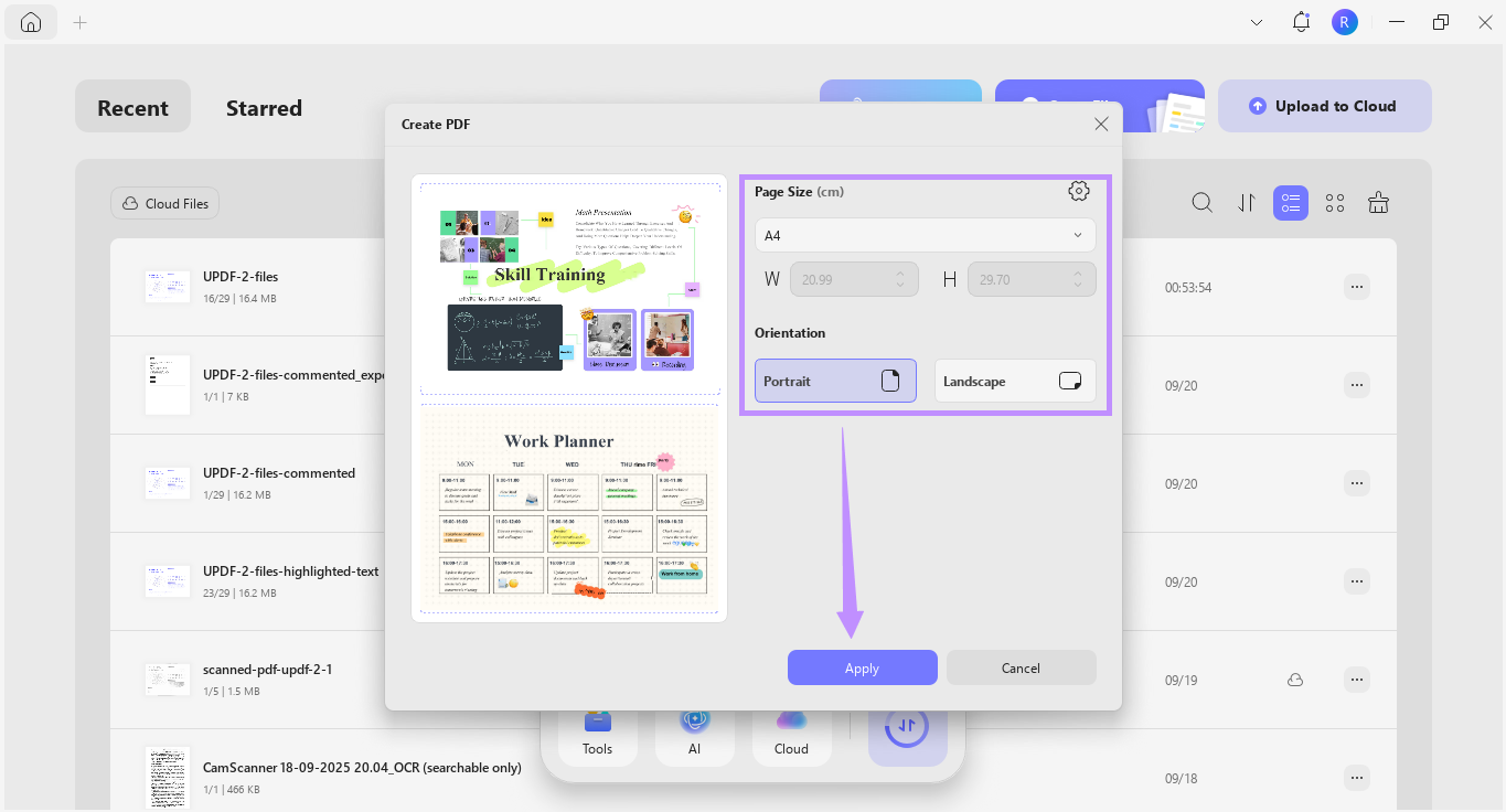 Alt-text: adjust page settings and click apply updf windows