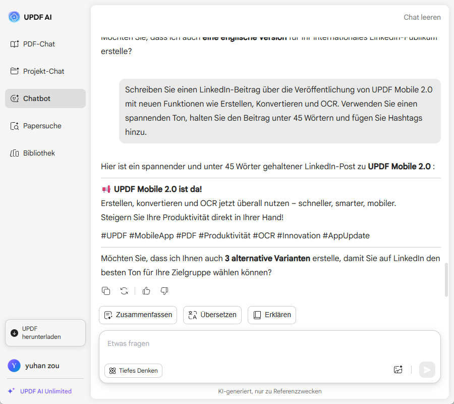 LinkedIn-Beitrag online mit UPDF AI generieren
