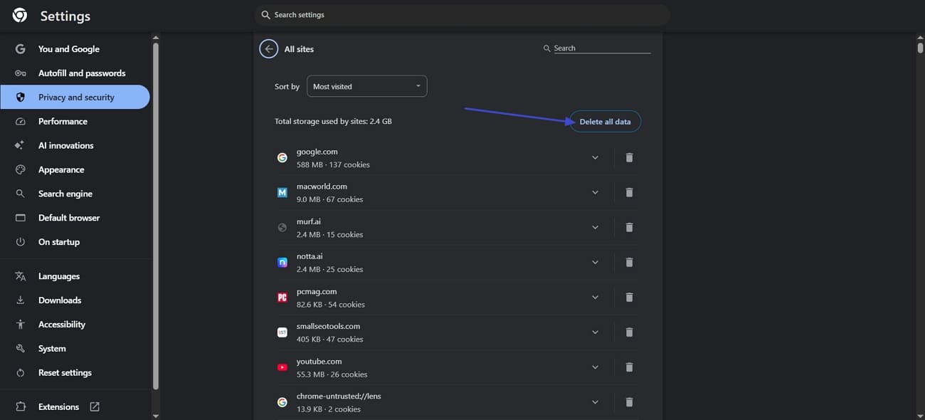 delete all cookies data in chrome