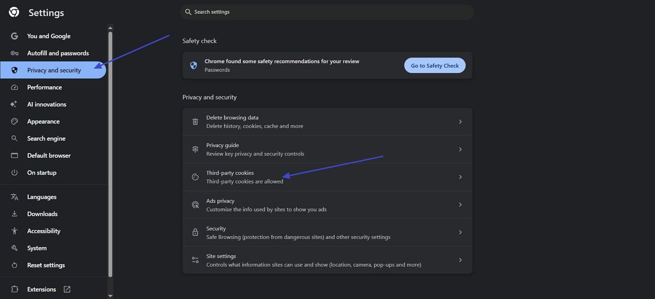 choose third party cookies settings