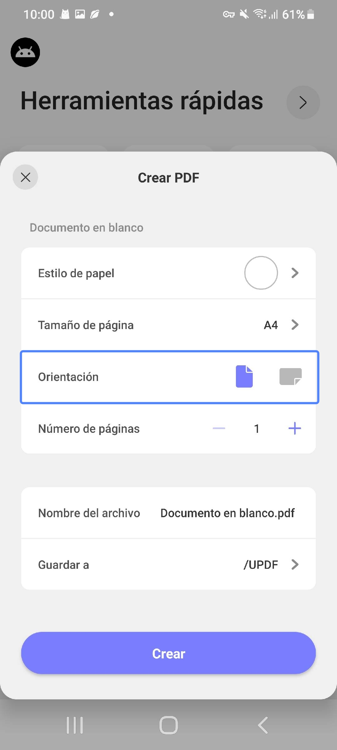 Elegir una orientación horizontal
