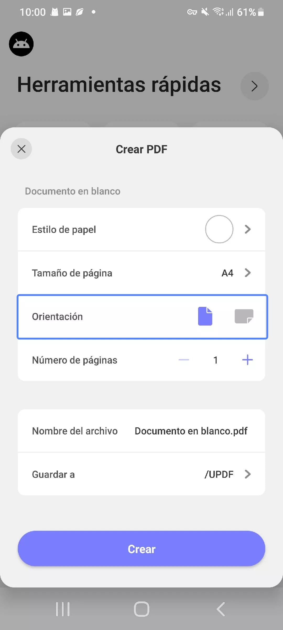 Elegir una orientación horizontal