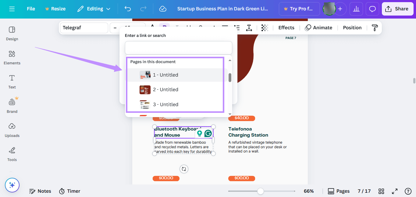 Alt-text: choose a page to link in pdf canva