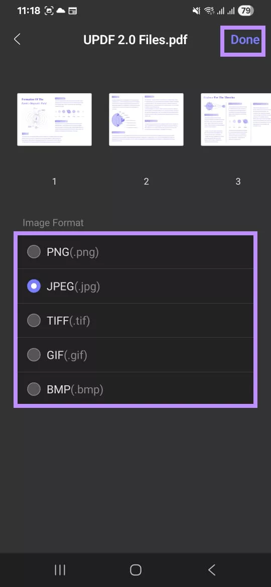 choose an image format updf android