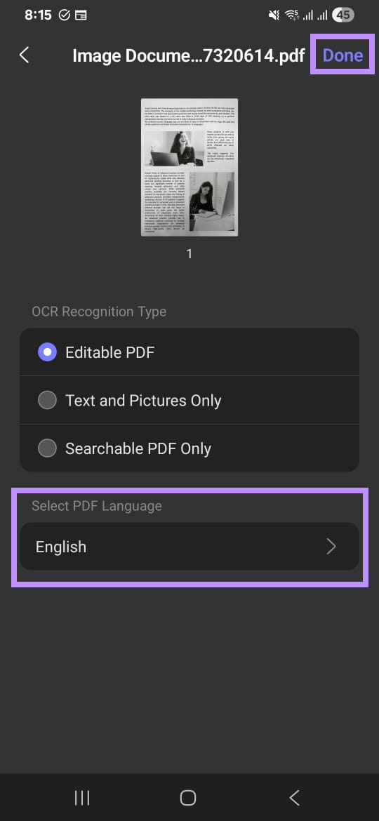choose document language and tap done