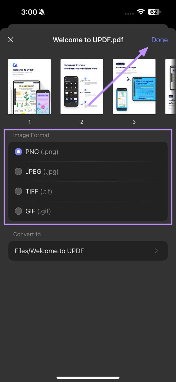 choose image format and tap done updf ios