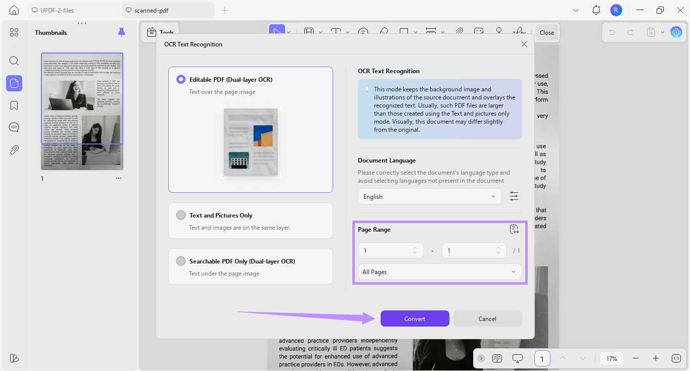  choose page range and click convert updf windows