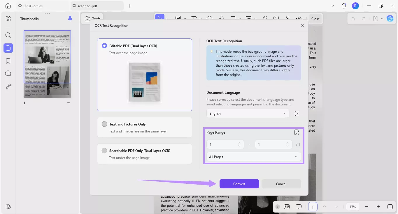  choose page range and click convert updf windows