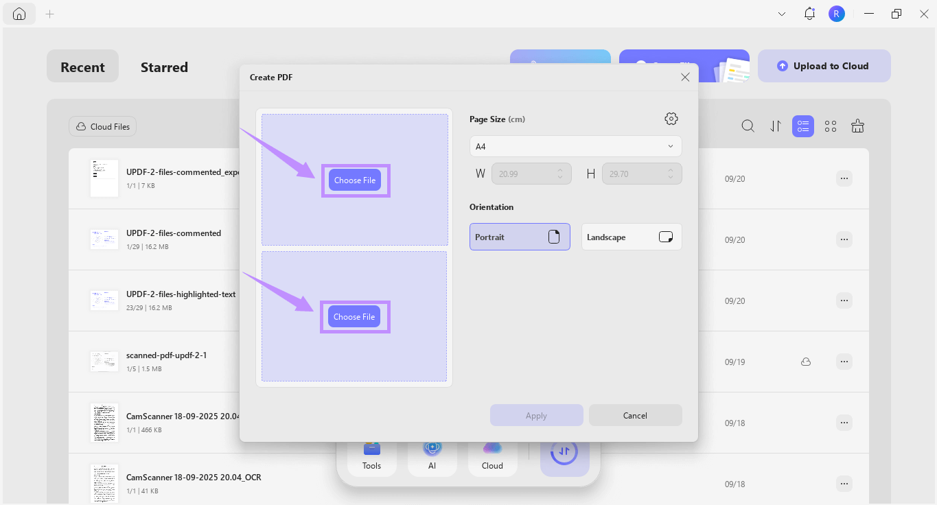 Alt-text: click choose file for merging two images into one page pdf updf windows