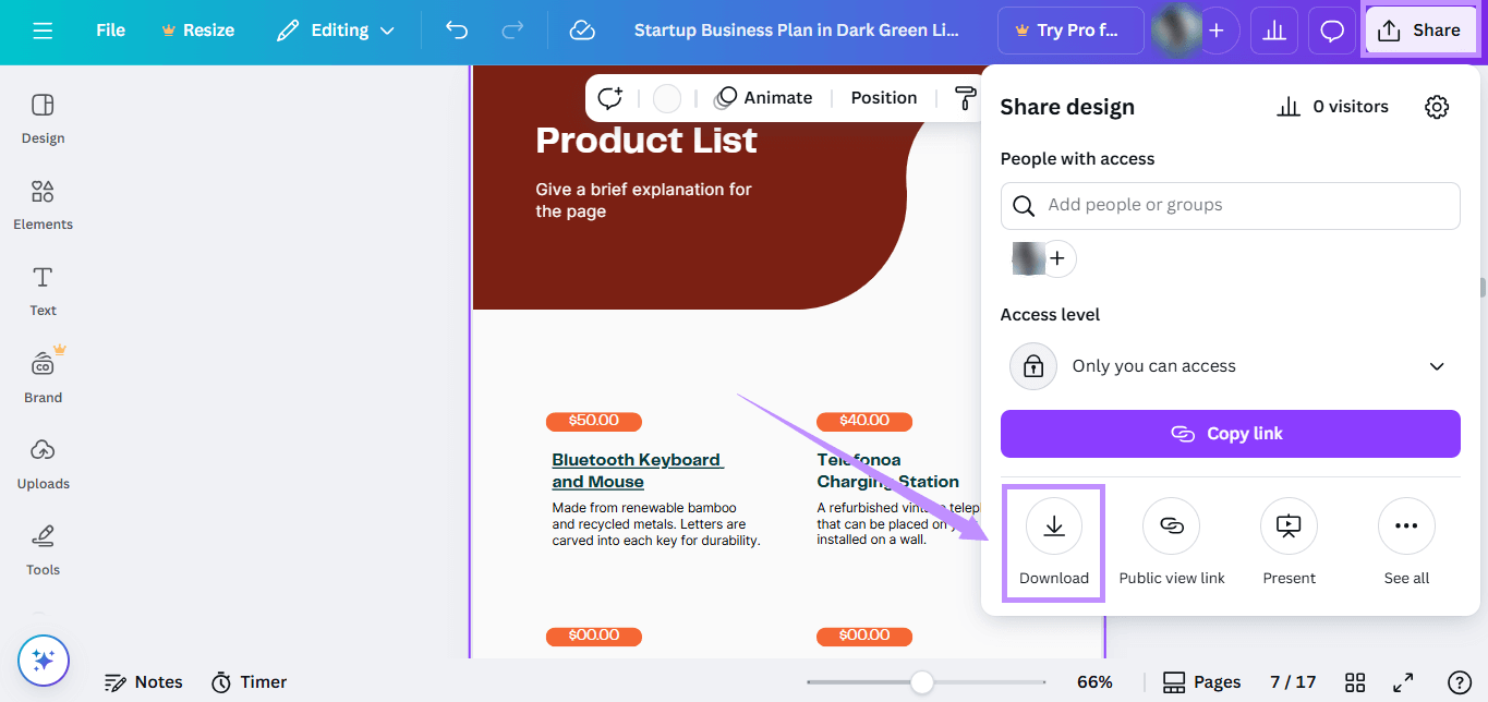 Alt-text: click on download for pdf canva