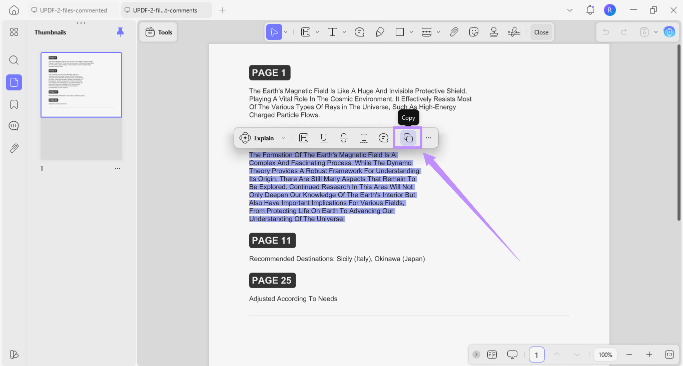click the copy icon to copy the highlighted text updf windows