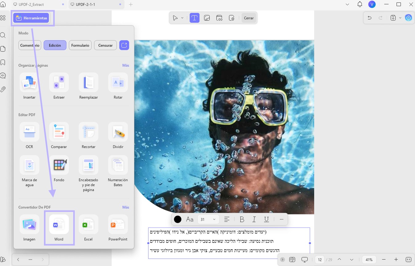 Convertir un PDF en hebreo a Word con UPDF en Windows