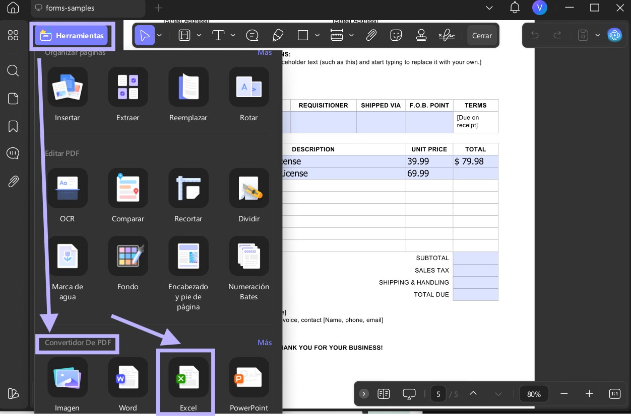 convertir a Excel de UPDF en Windows