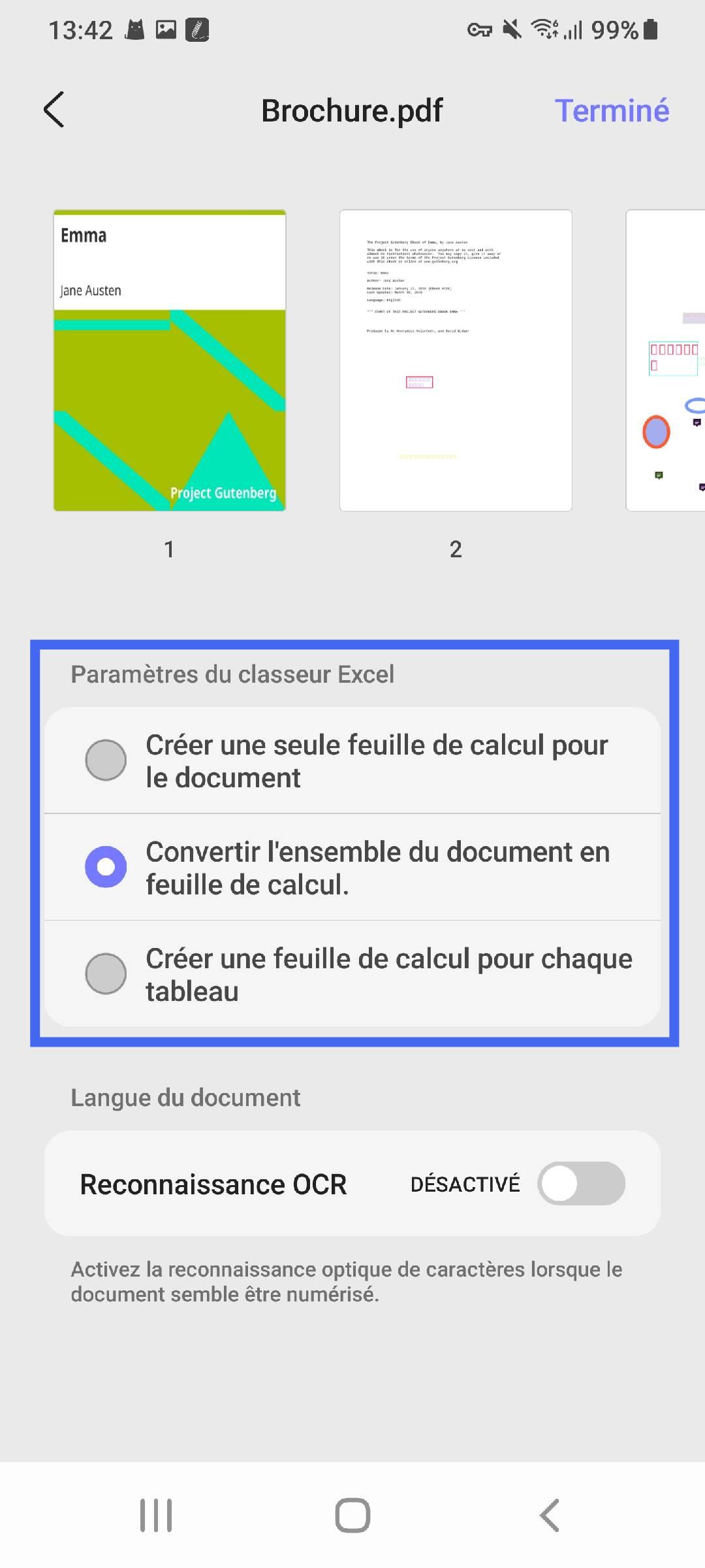 sélectionner les paramètres des classeurs Excel updf android
