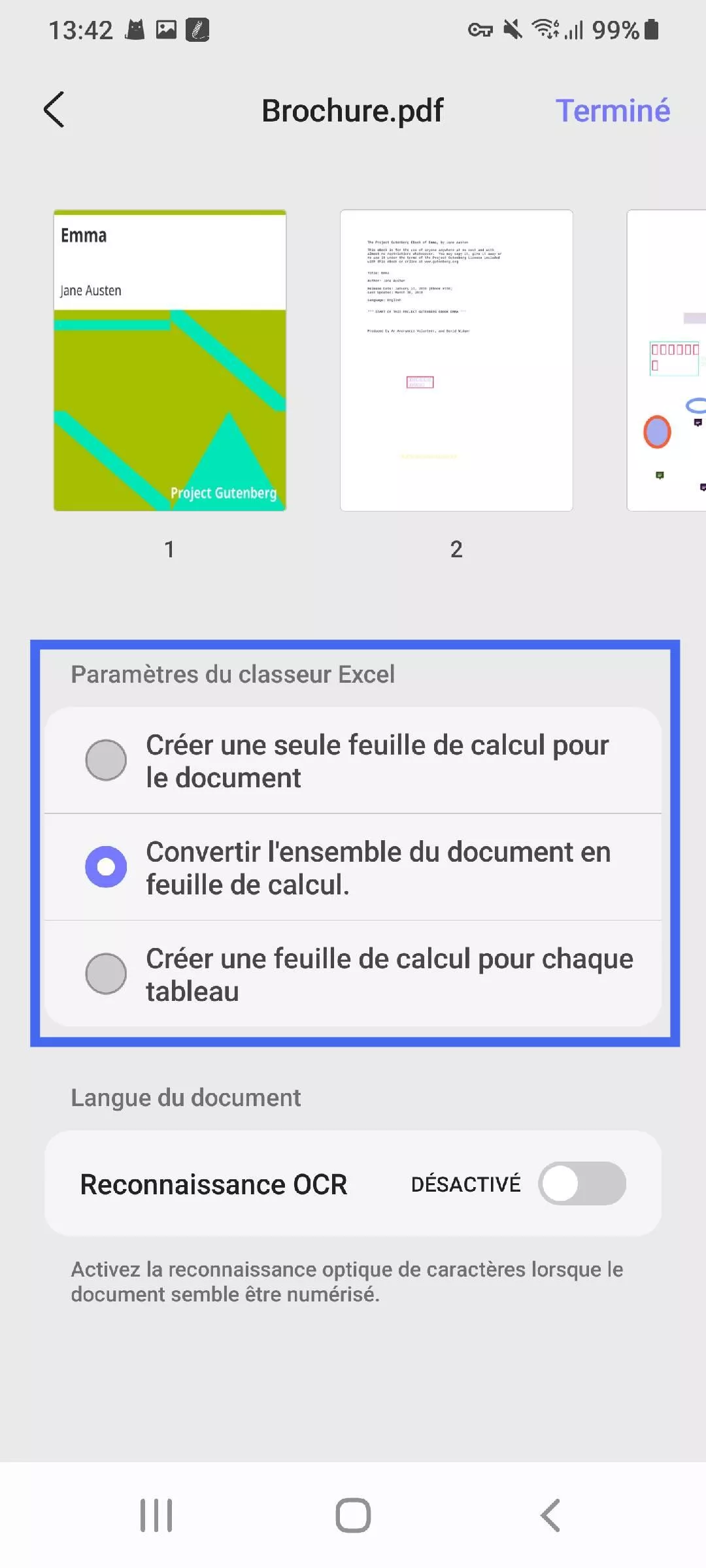 sélectionner les paramètres des classeurs Excel updf android