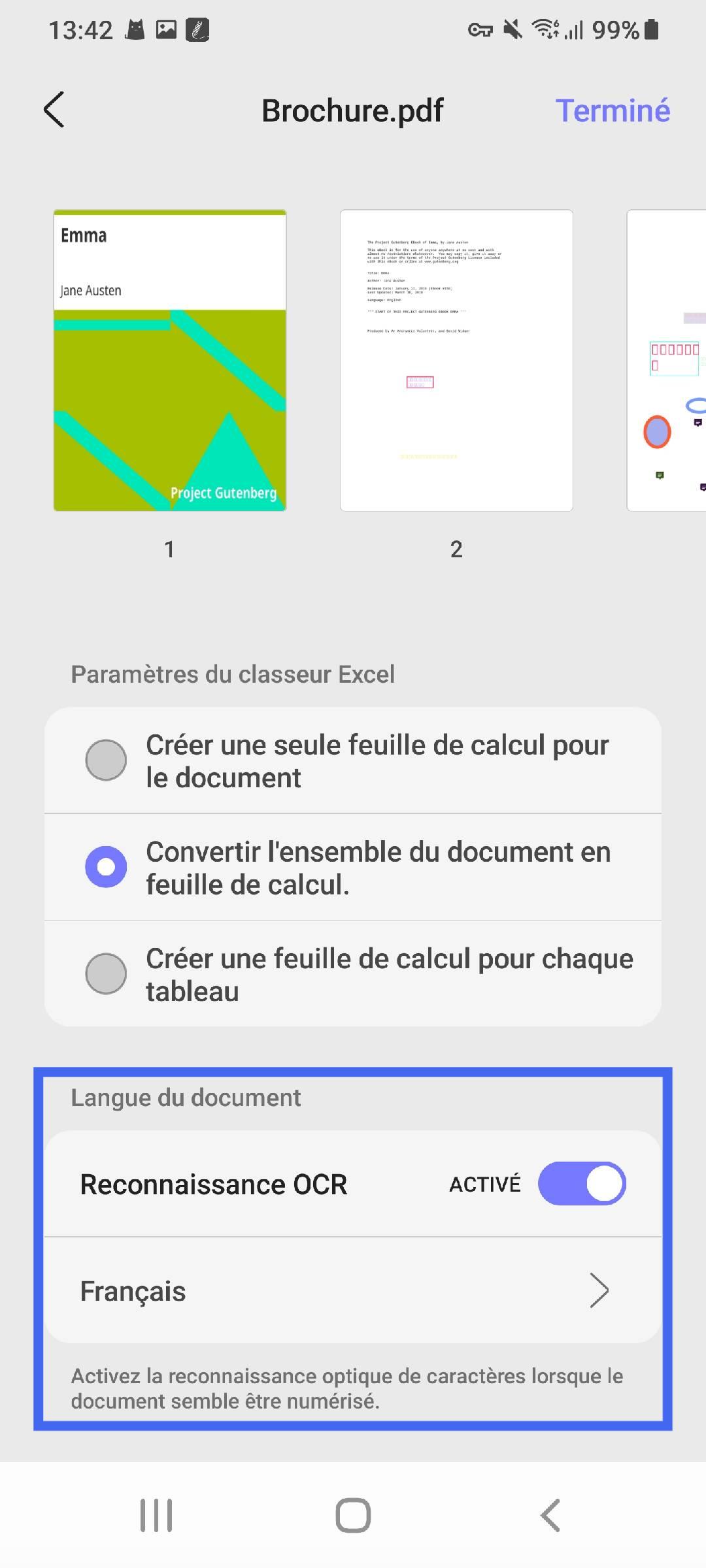 activer l'OCR et sélectionner la langue lors de la conversion PDF vers Excel Updf Android