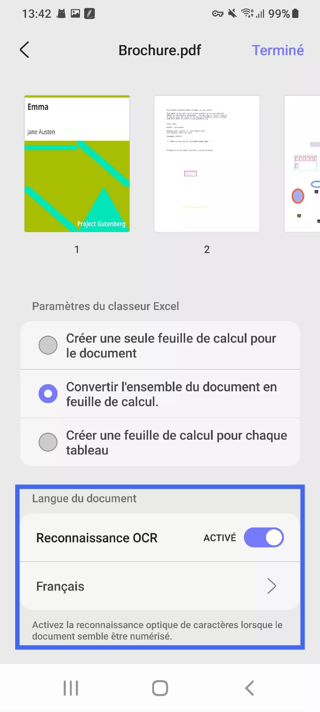 activer l'OCR et sélectionner la langue lors de la conversion PDF vers Excel Updf Android