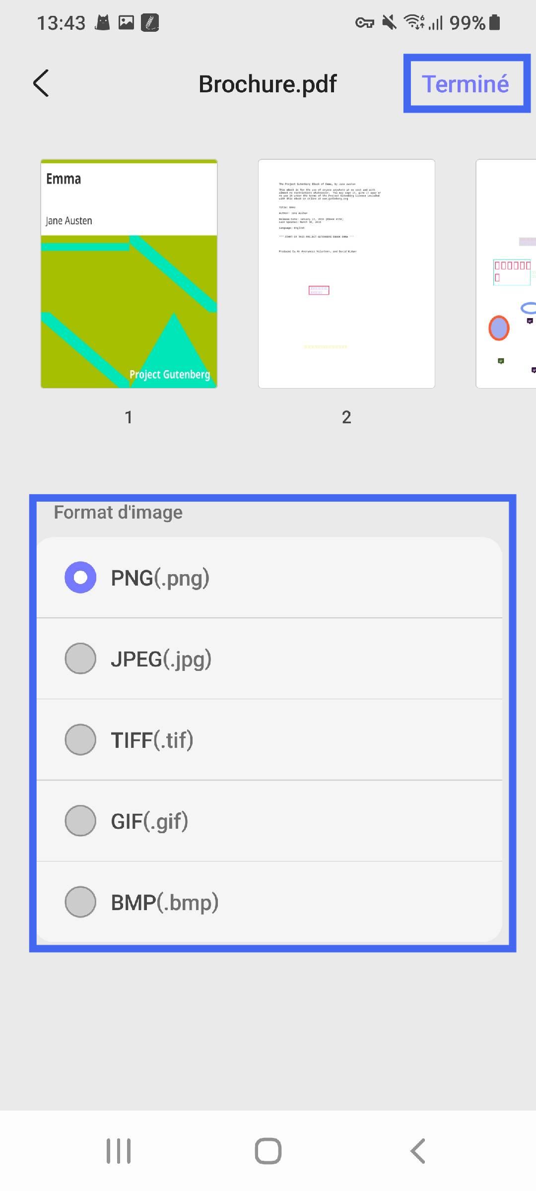 sélectionnez le format et cliquez sur Terminé updf android