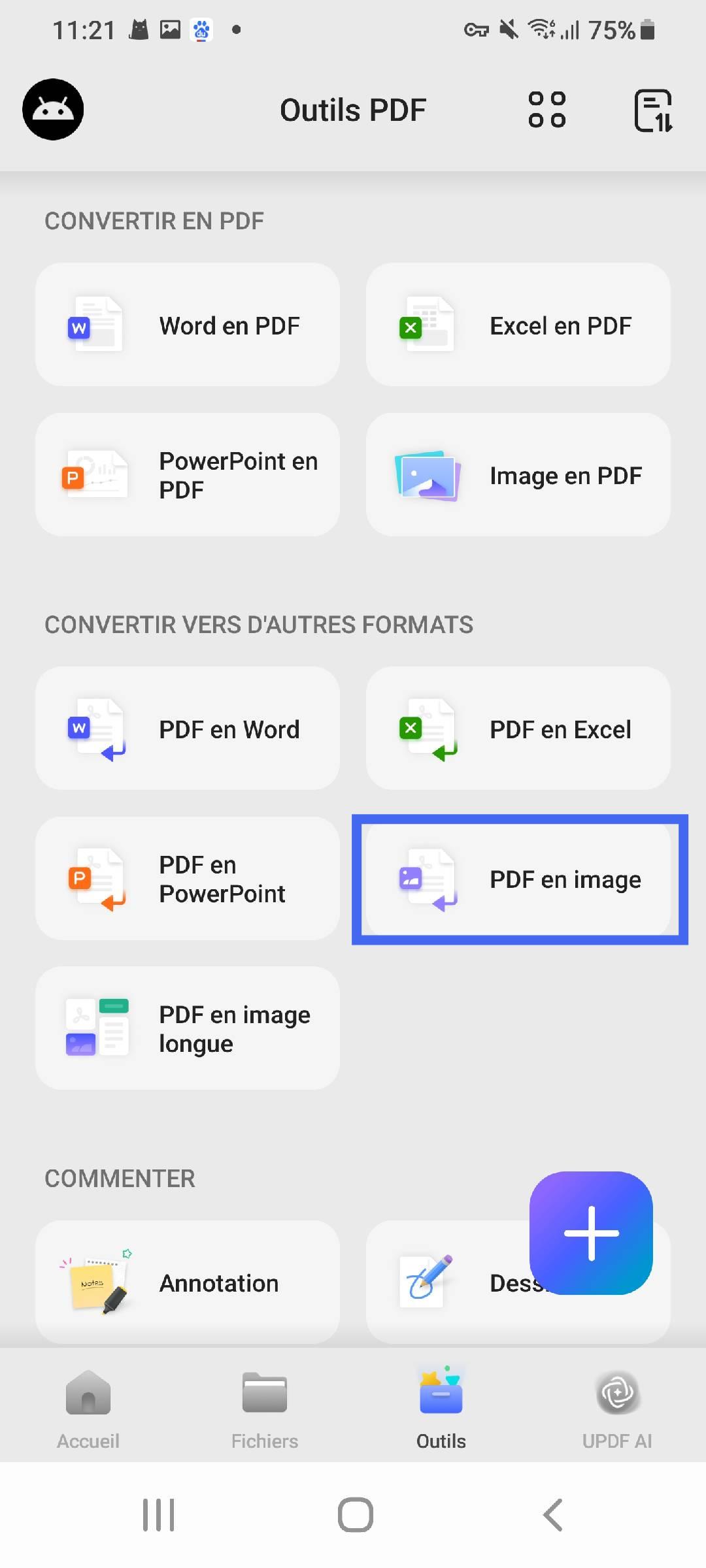 sélectionnez pd pour imager updf android