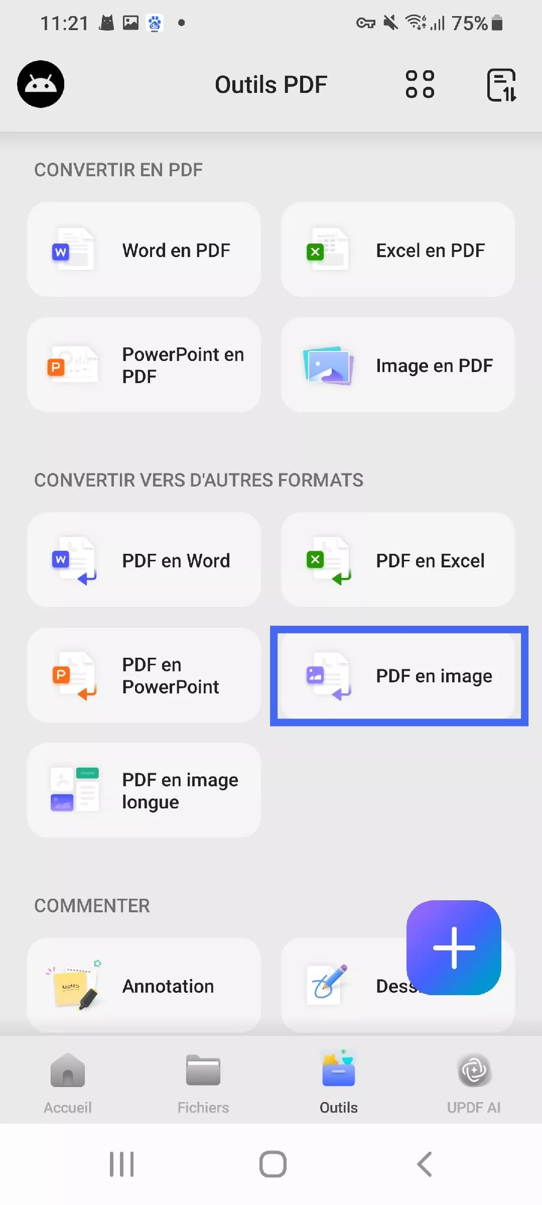 sélectionnez pd pour imager updf android