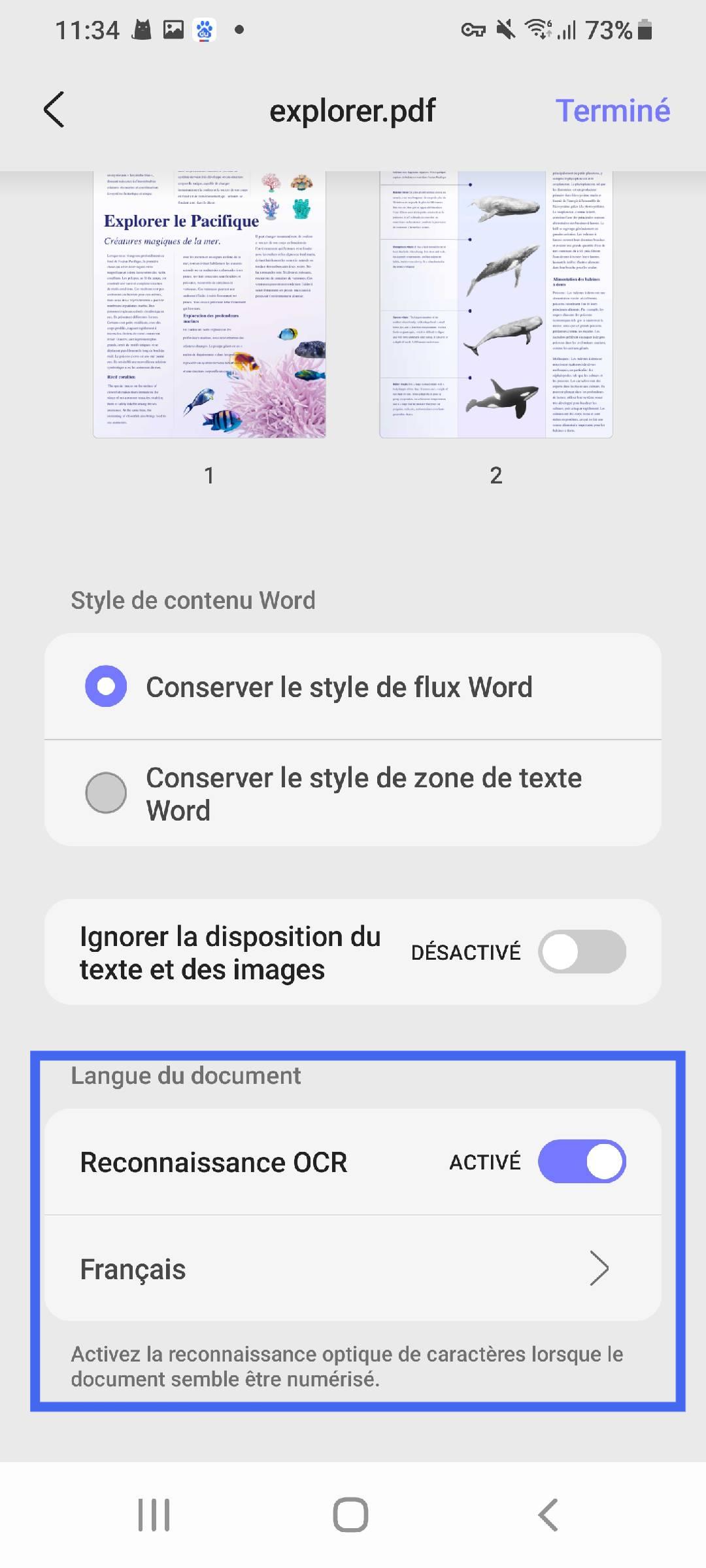 activer l'OCR et sélectionner la langue updf android
