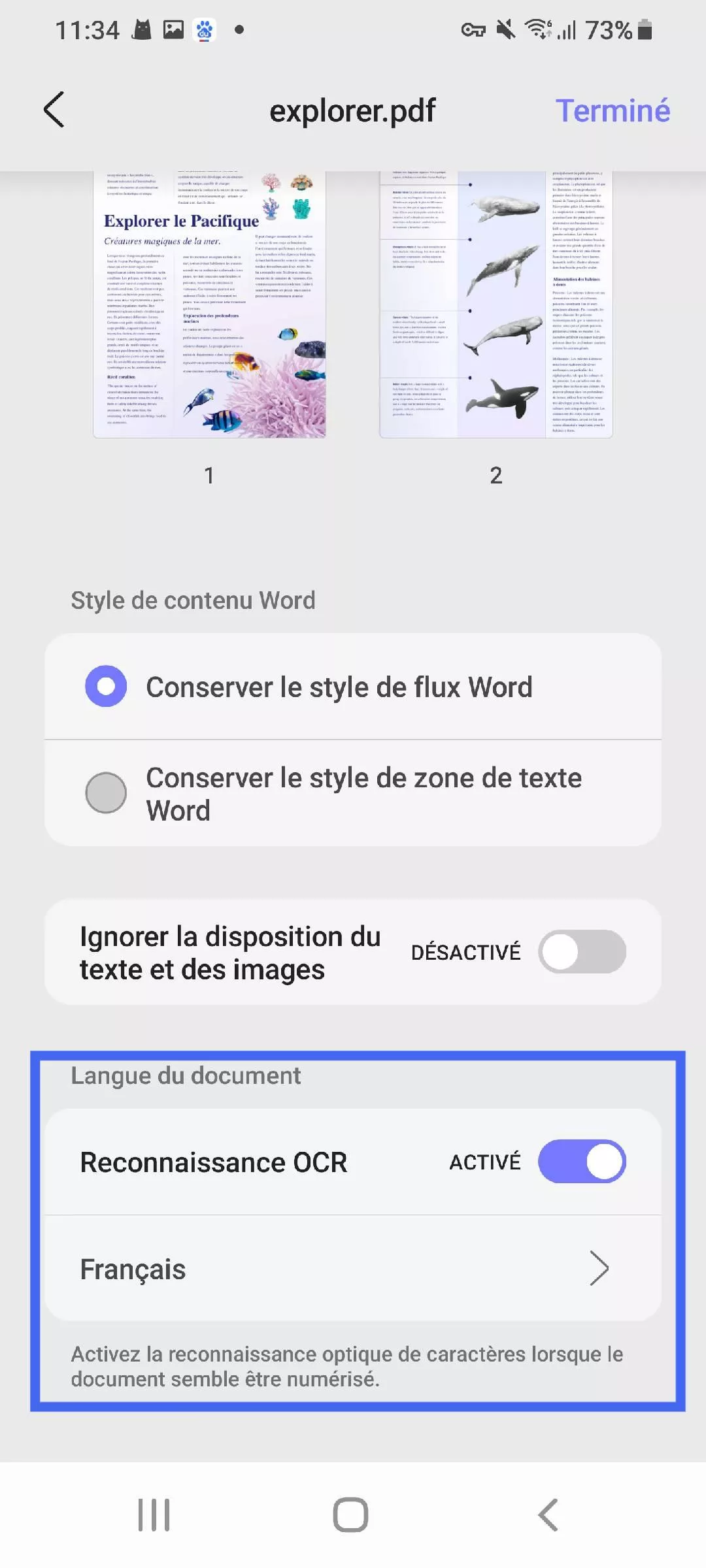 activer l'OCR et sélectionner la langue updf android