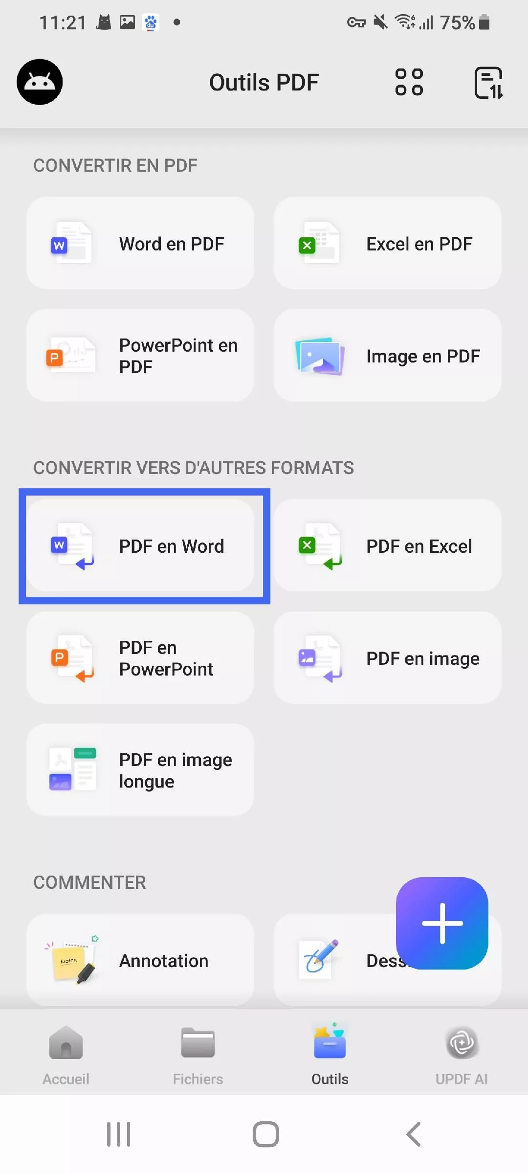 sélectionner un PDF en Word, un fichier UPDF pour Android
