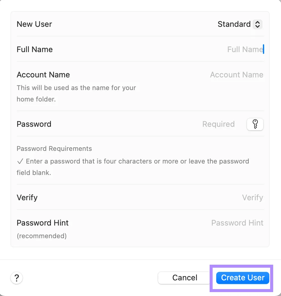 create new user profile on mac