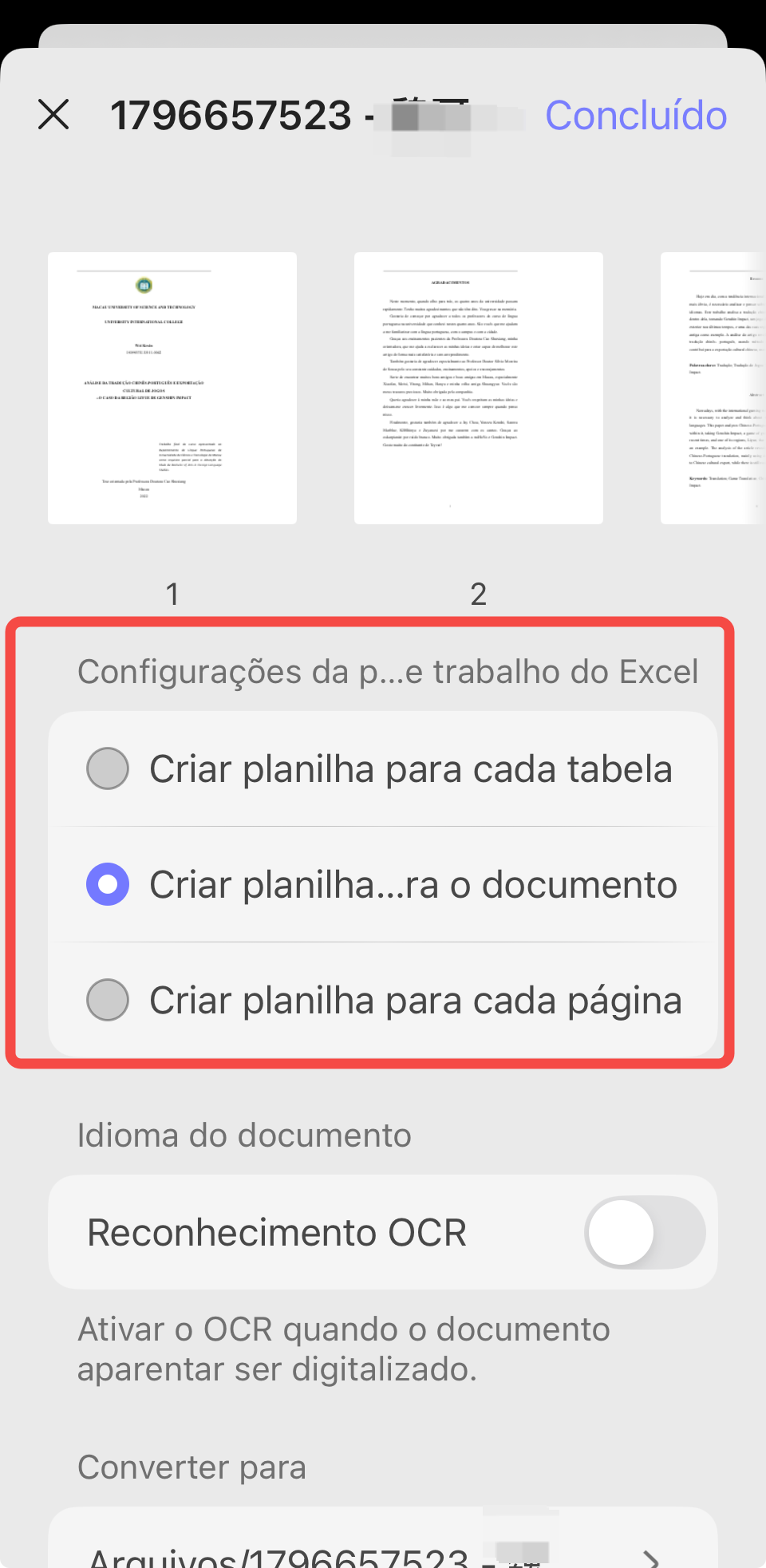 criar planilha para o documento