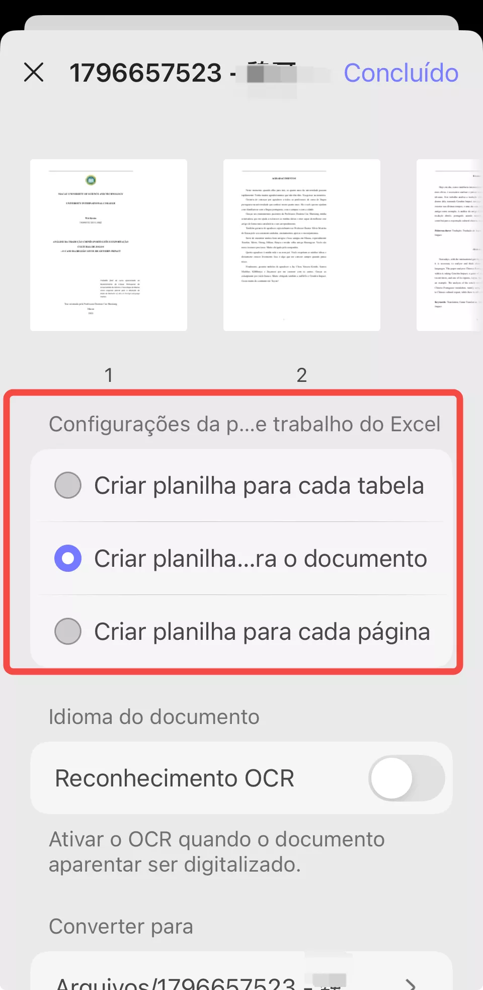 criar planilha para o documento