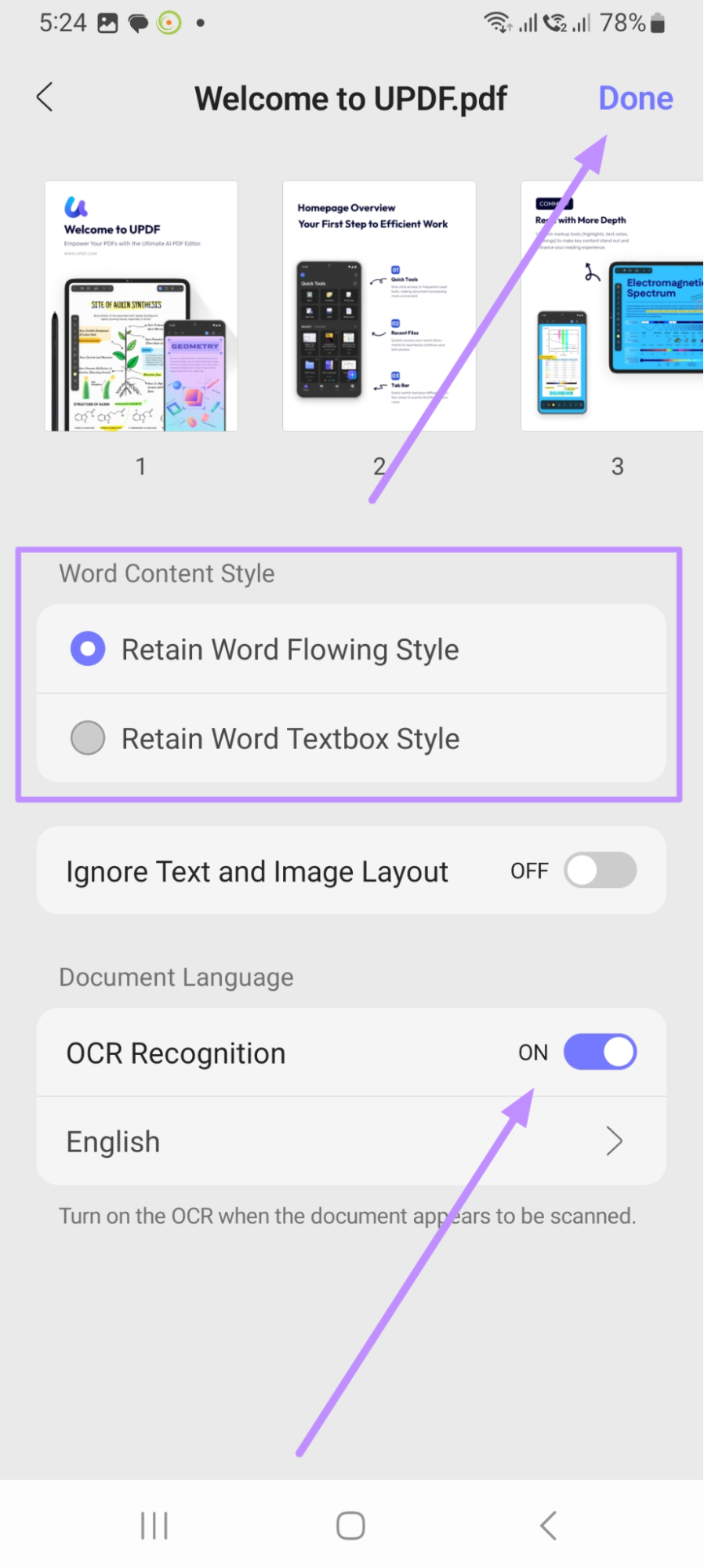 customize settings and finalize conversion updf android