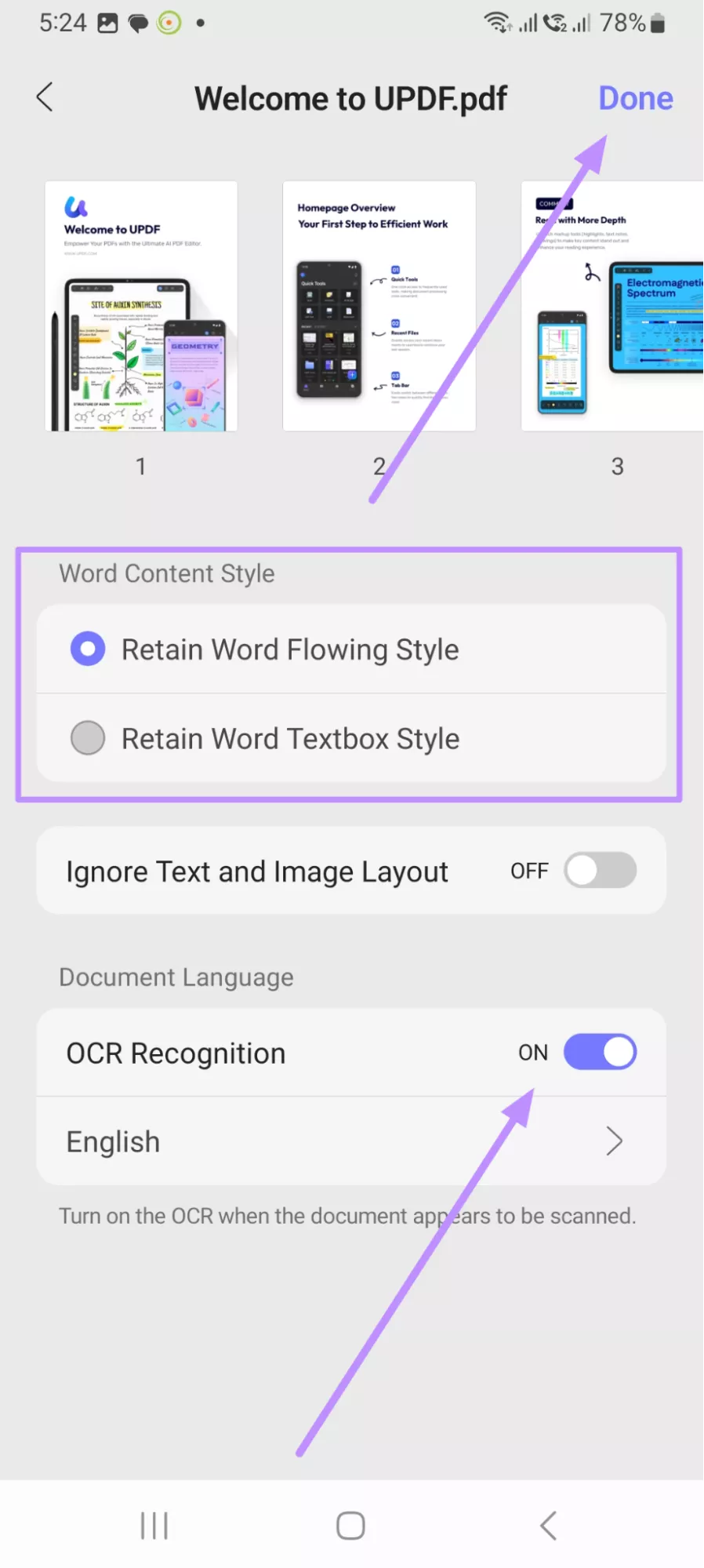 customize settings and finalize conversion updf android
