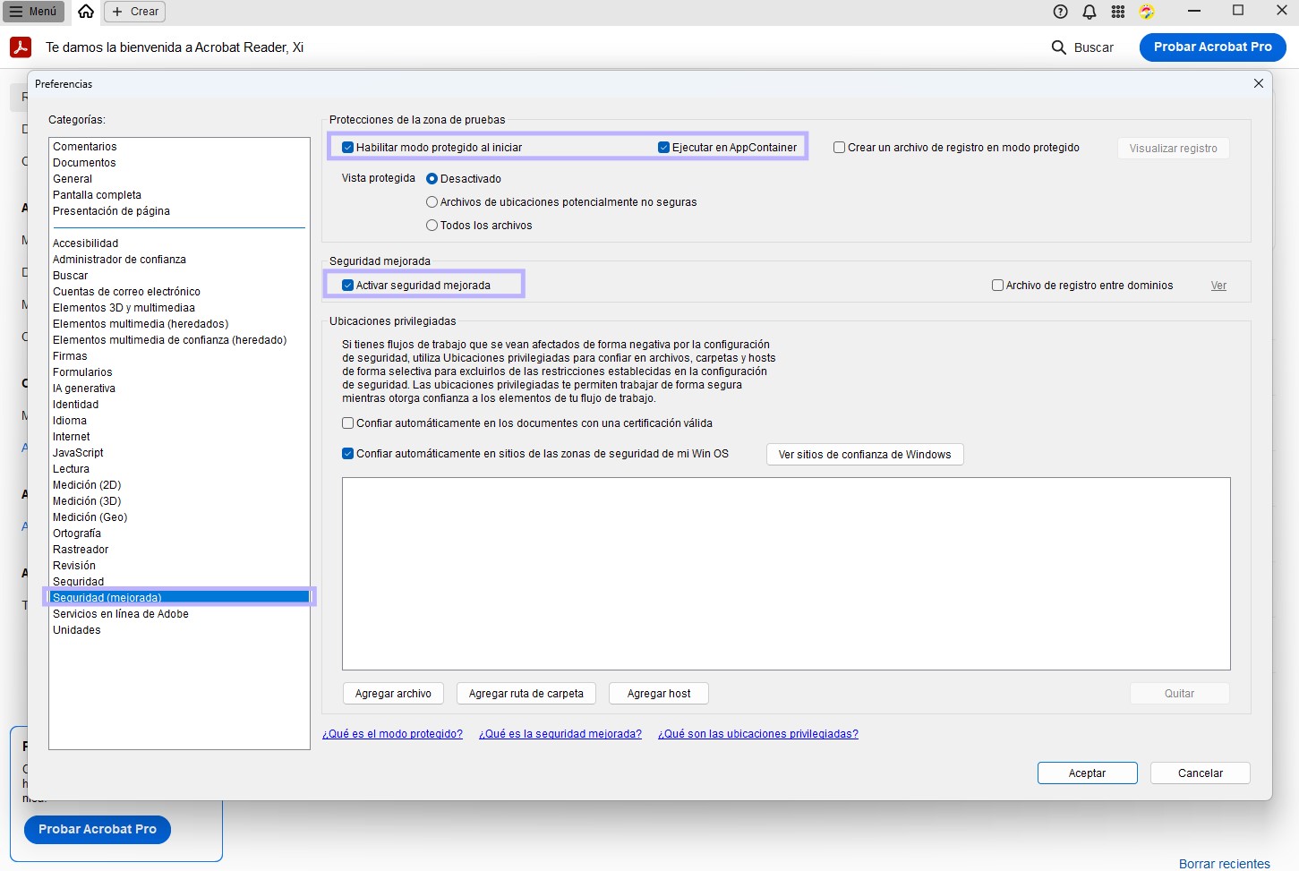 Desactivar la configuración de seguridad en Adobe
